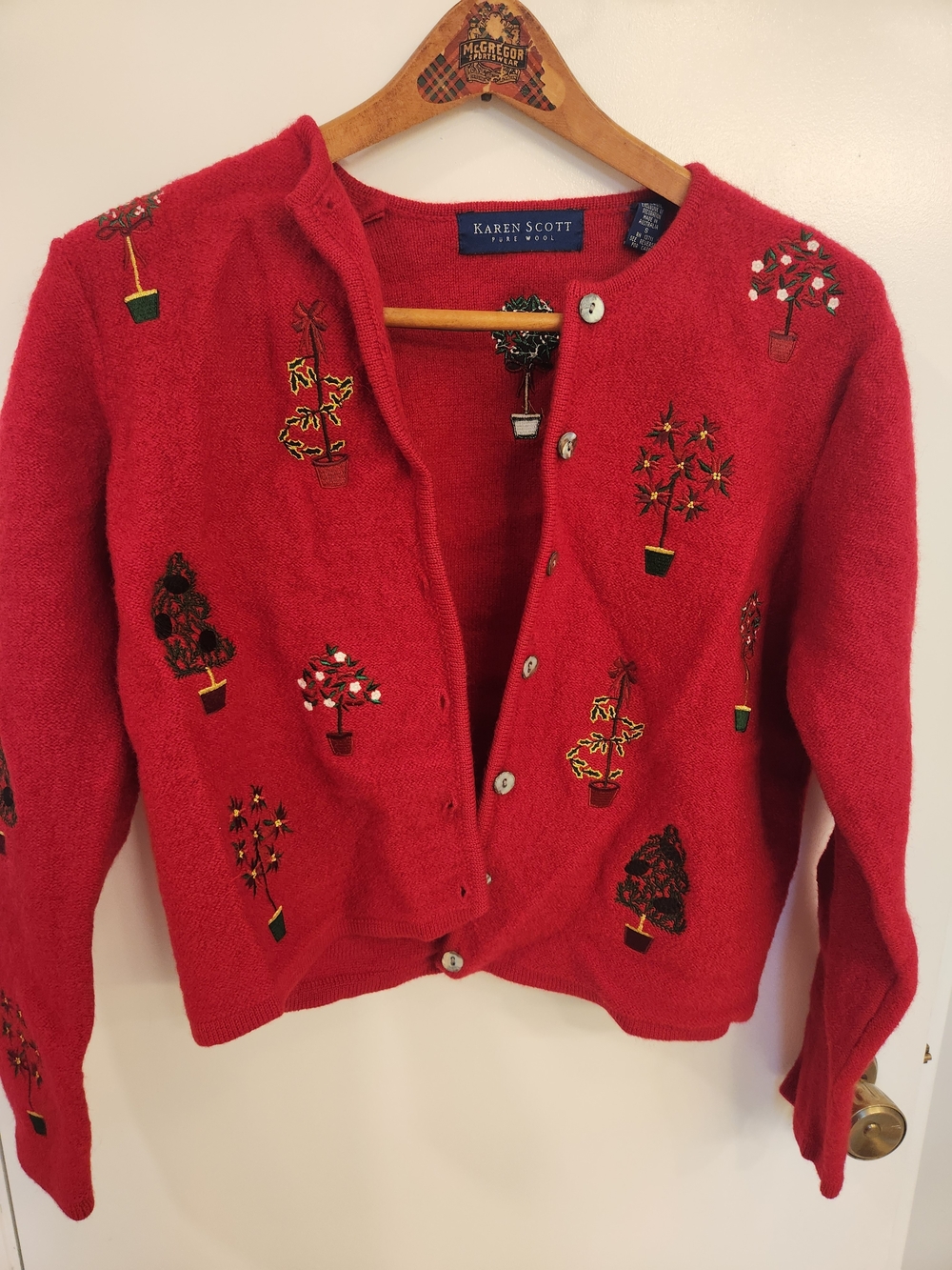Karen Scott Red Embroidered Potted-Plant Cardigan Christmas